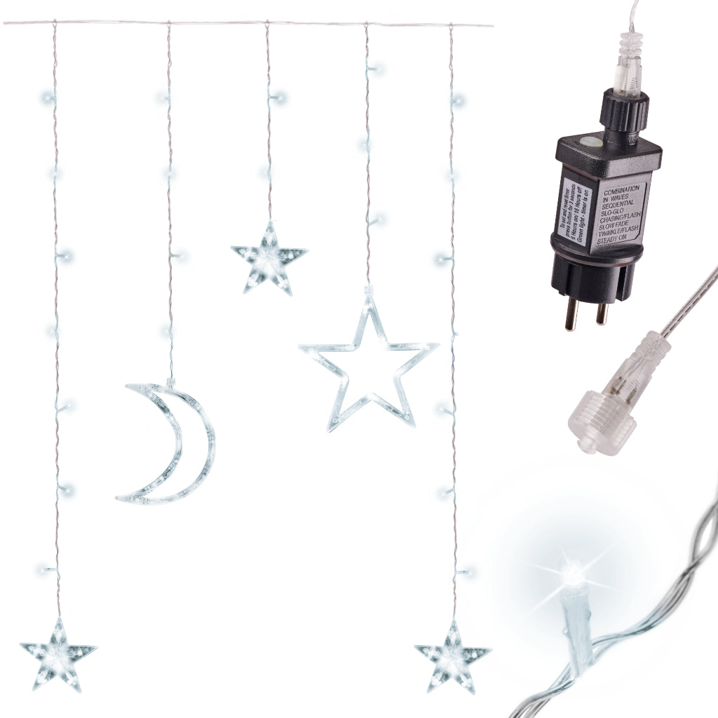 LED girlianda užuolaida, mėnulis ir žvaigždės, 25m, 138 LED, šalta balta – vaizdas 2