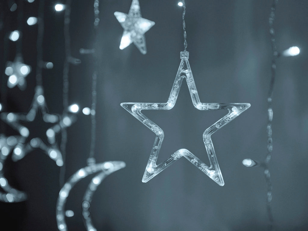 LED girlianda užuolaida, mėnulis ir žvaigždės, 25m, 138 LED, šalta balta – vaizdas 4