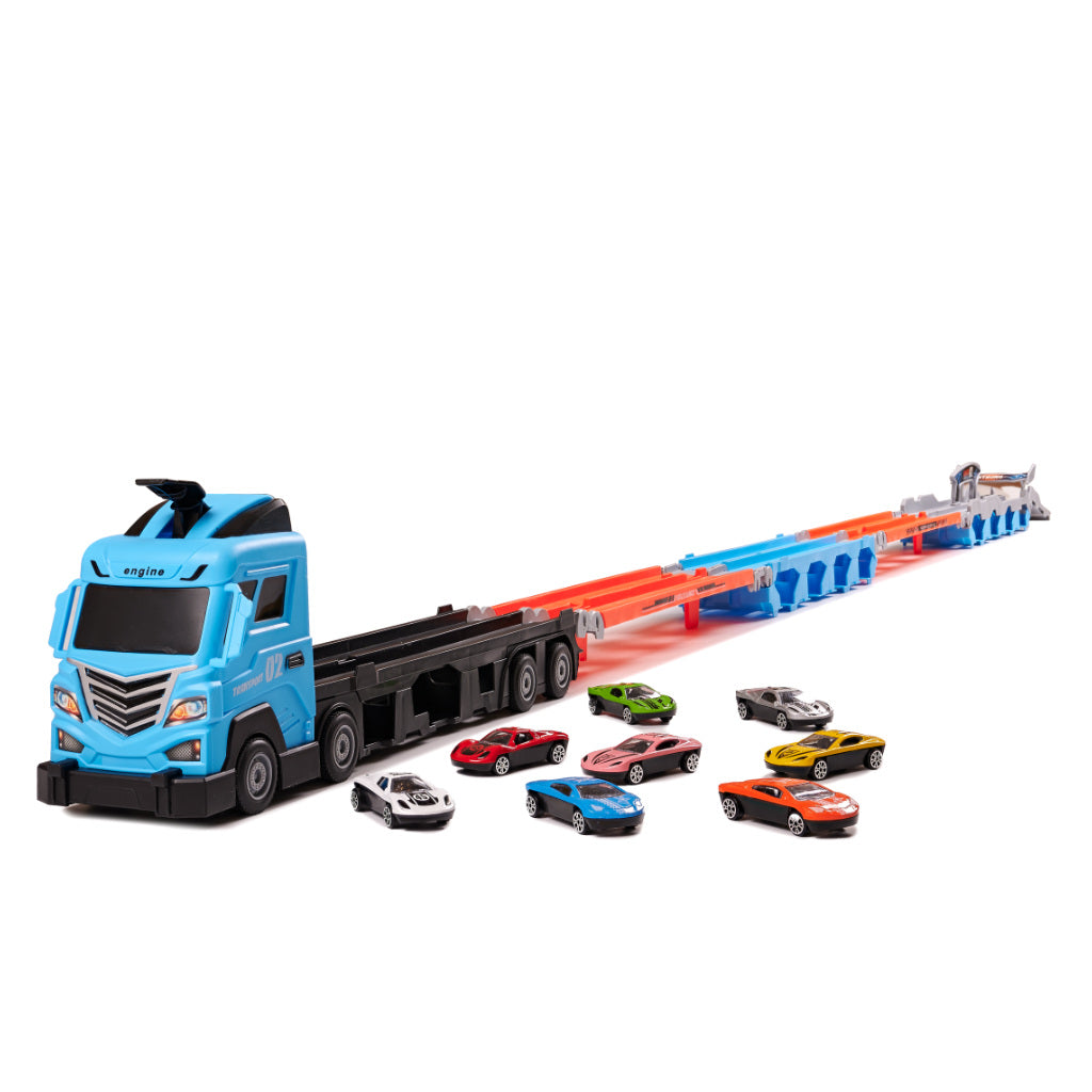 Sunkvežimis-traliukas su automobilių trasa, 210 cm, 8 automobiliai