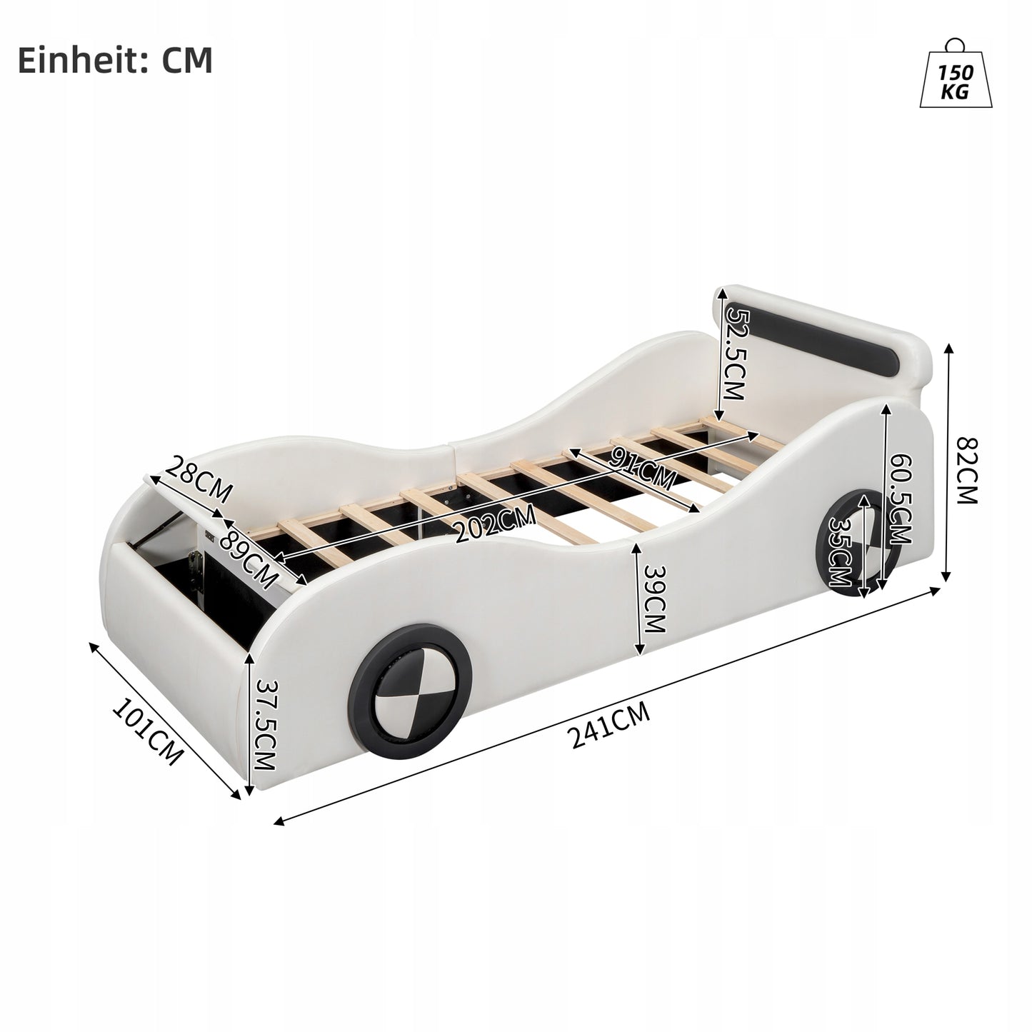 Vaikų automobilio formos lova 90x200 cm su daiktadėže, geltona – vaizdas 5