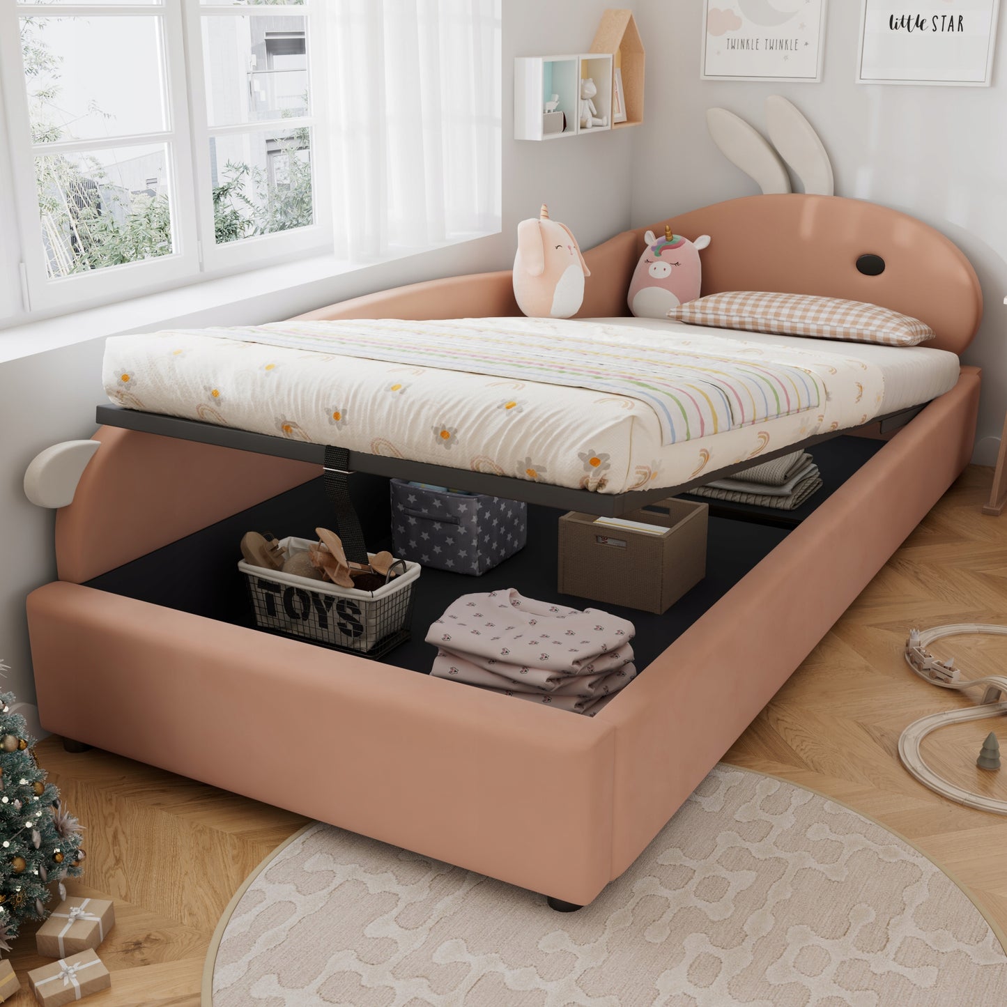 Vaikų lova zuikio formos 90x200 cm su hidrauliniu skydu – vaizdas 4