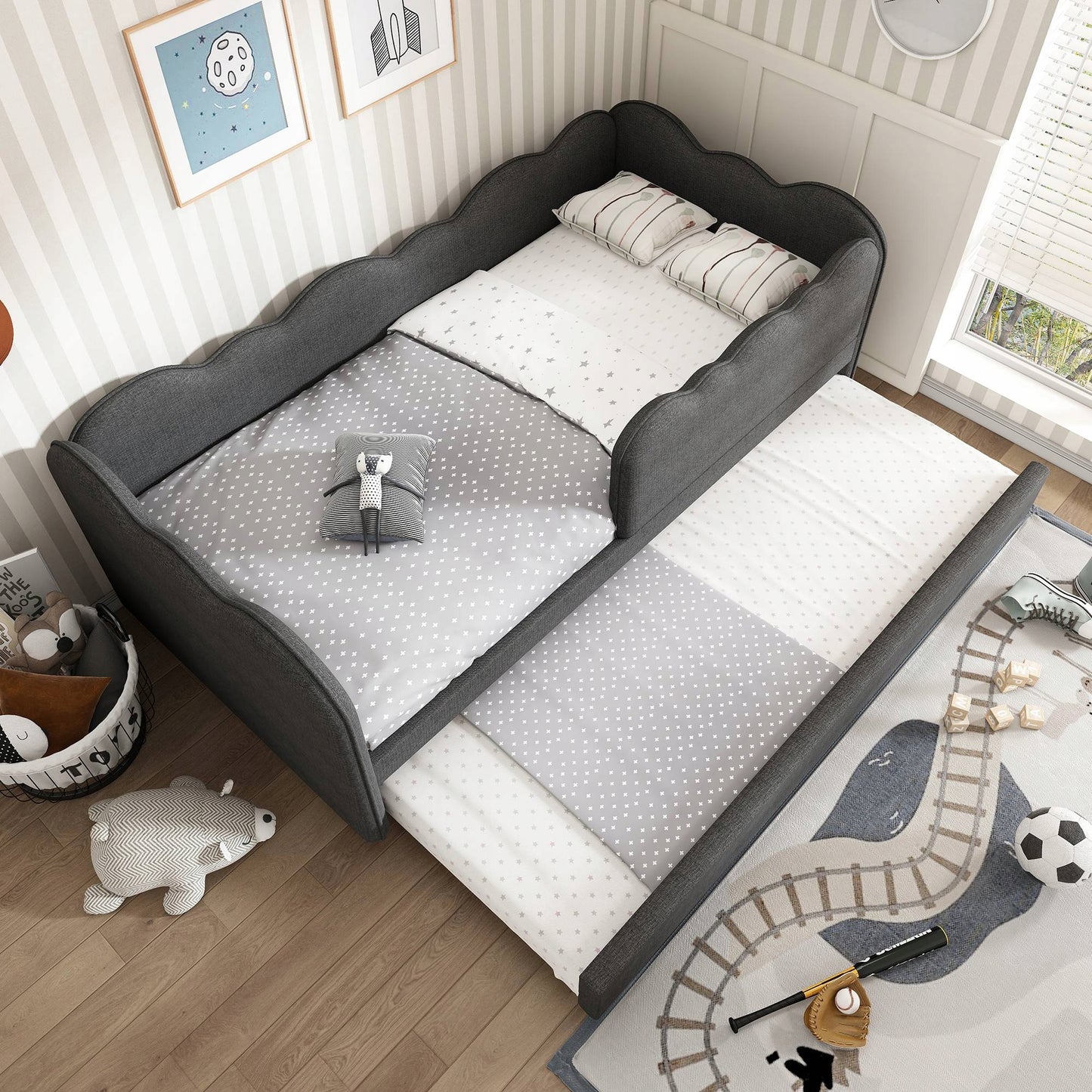 Vaikų ištraukiama sofa-lova 90x190 cm pilka – vaizdas 2