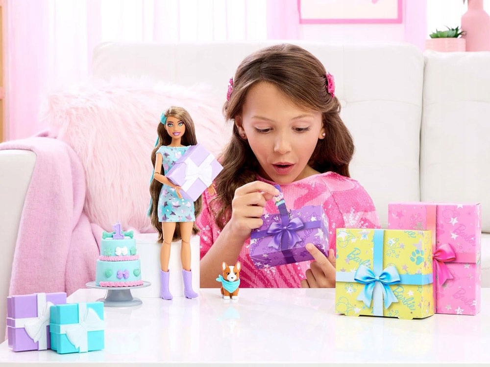Barbie „Party Unboxed“ lėlė su šuniuku – vaizdas 2