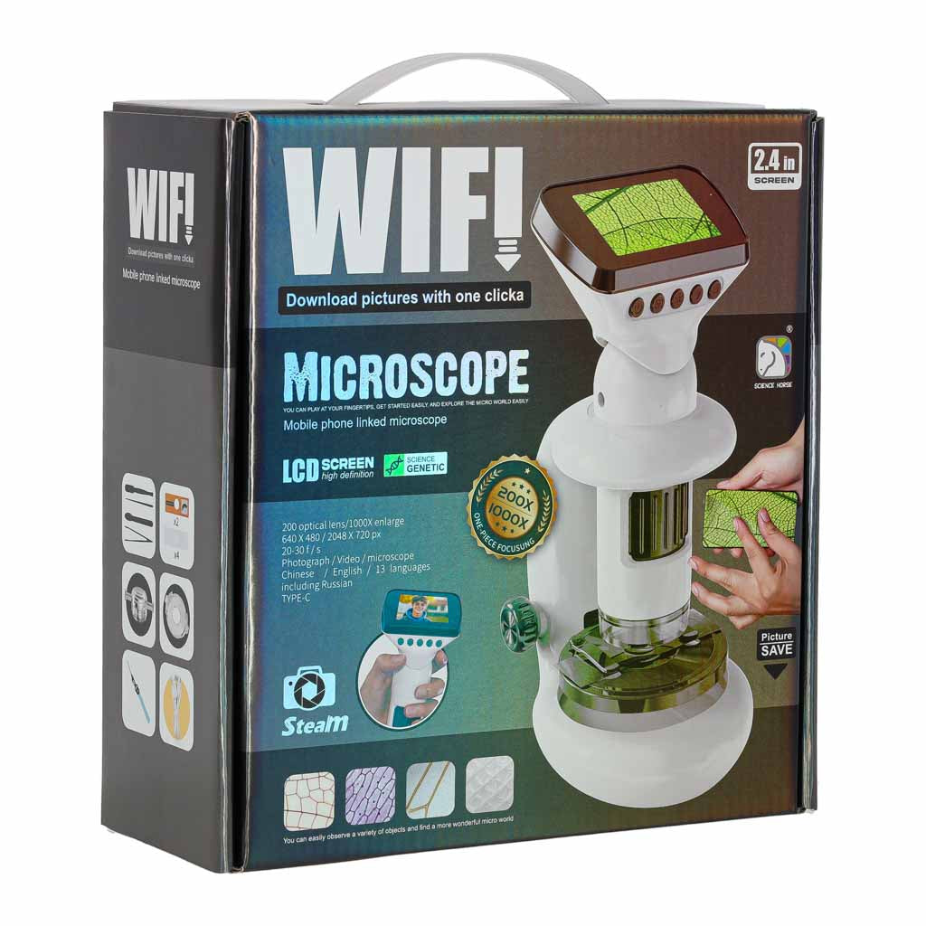 Skaitmeninis elektroninis mikroskopas su WiFi, USB, LCD ekranu, 200x-1000x didinimu ir priedais