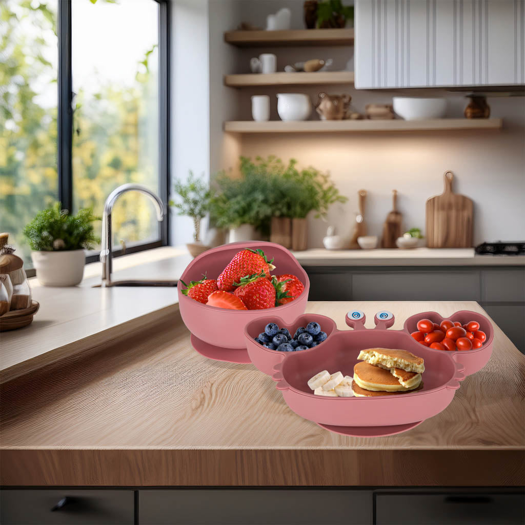 Silikoniniai indai kūdikiams ir vaikams, krabo formos, 9 dalių rinkinys, tamsiai rožinė spalva