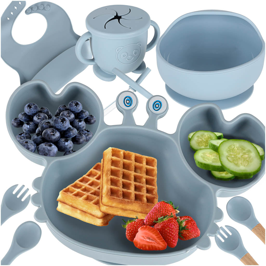 Silikoninių indų rinkinys kūdikiams ir vaikams „Krabas“, 9 dalių, mėlynas