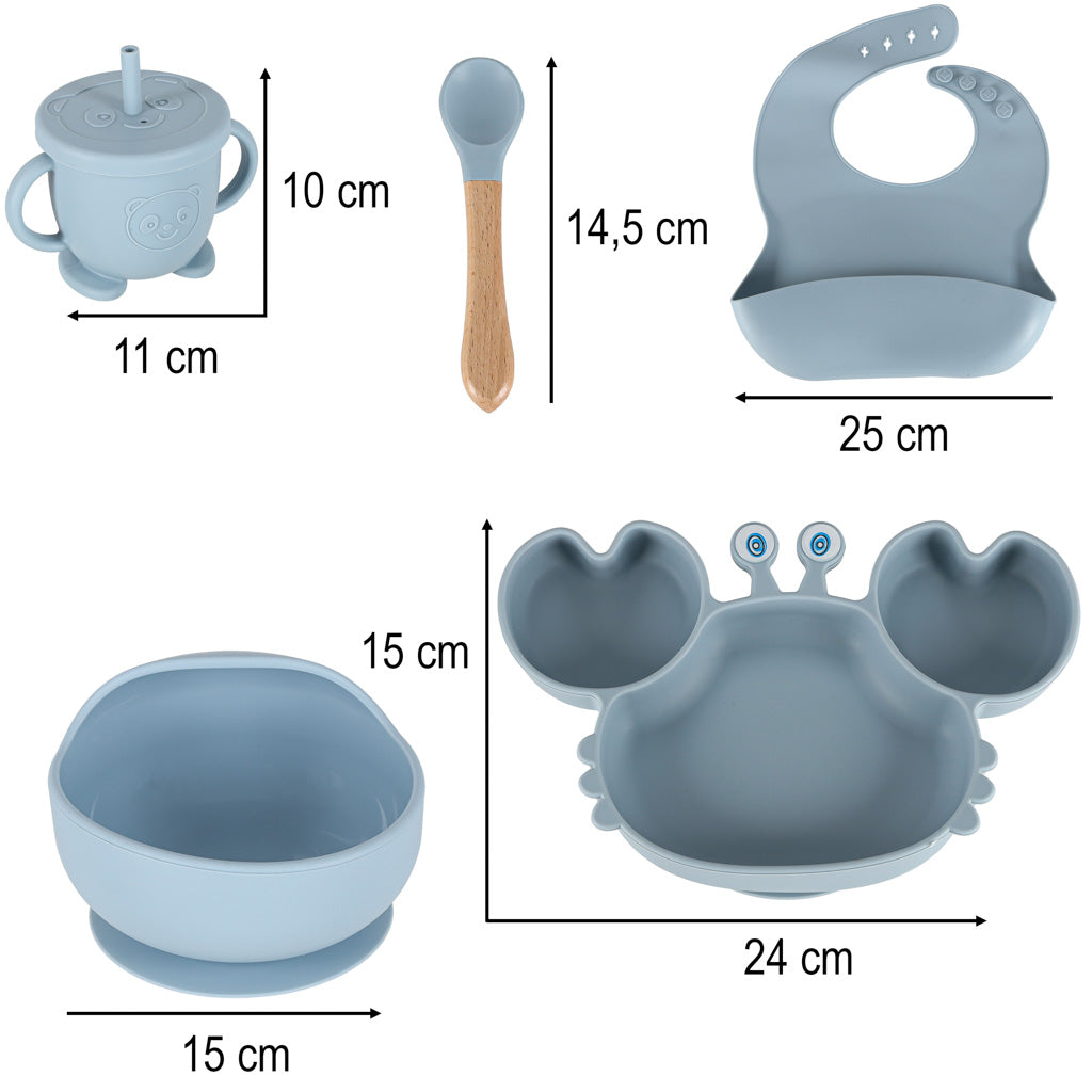 Silikoninių indų rinkinys kūdikiams ir vaikams „Krabas“, 9 dalių, mėlynas