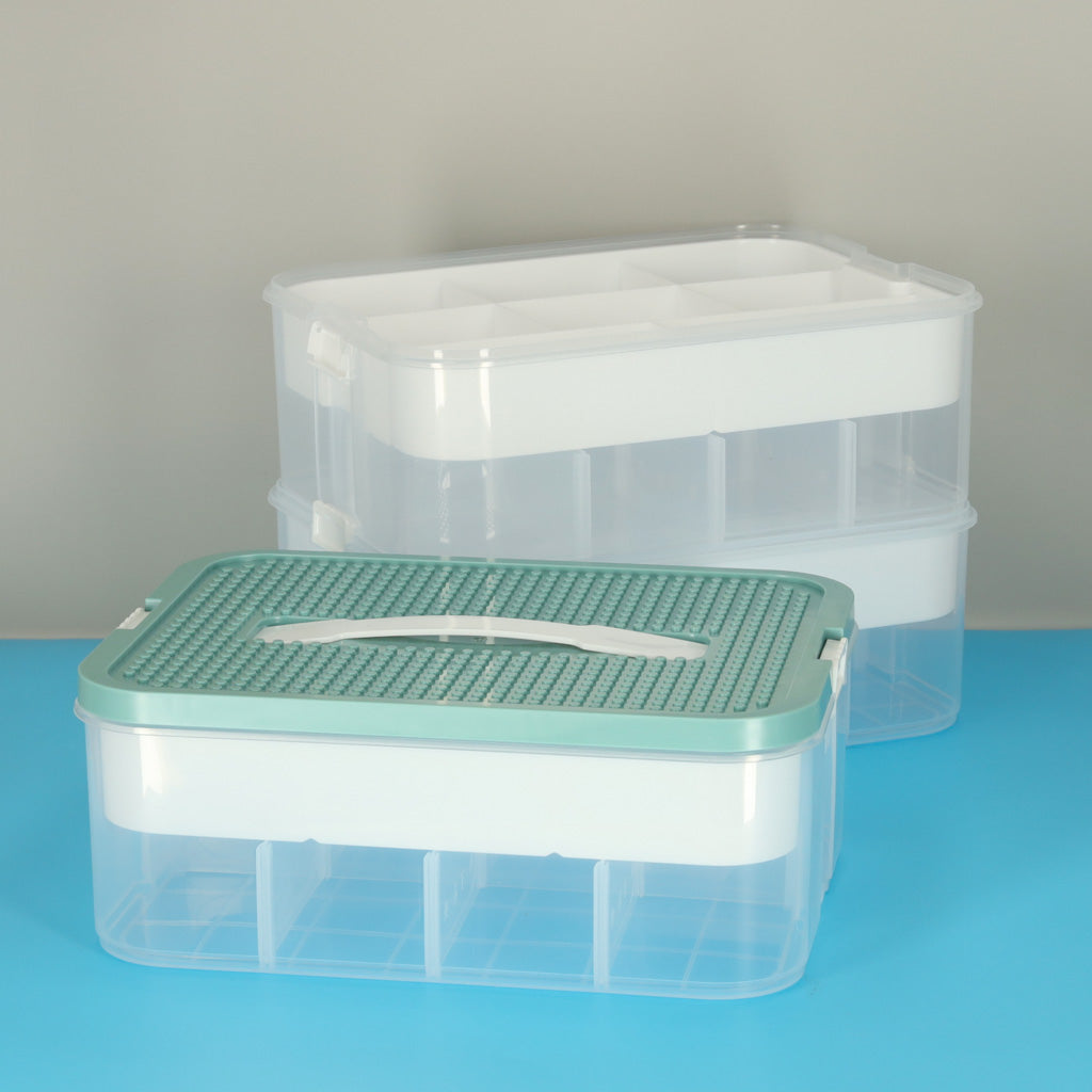 3 aukštų dėžė-organizatorius kaladėlėms ir žaislams su dangčiu ir pertvarėlėmis