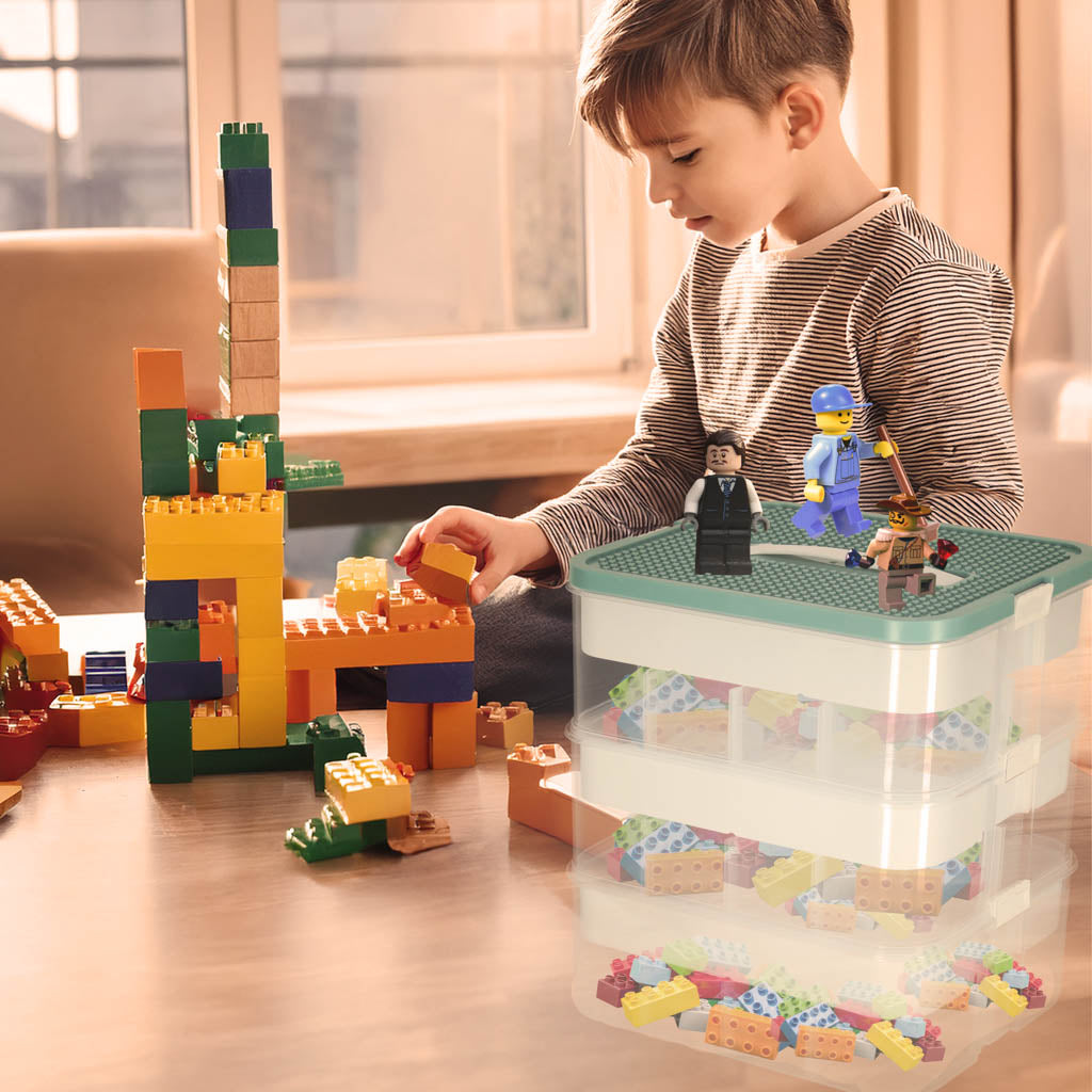 3 aukštų dėžė-organizatorius kaladėlėms ir žaislams su dangčiu ir pertvarėlėmis