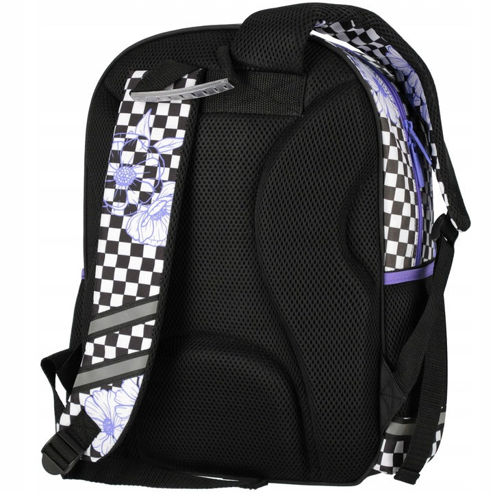 Mokyklos kuprinė, mergaitei, šachmatų raštas su violetinėmis gėlėmis – vaizdas 2