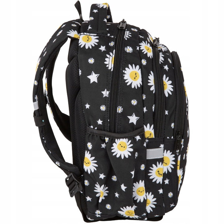 Mokyklinė kuprinė, juoda su gėlytėmis, daugia-komorinė – vaizdas 2