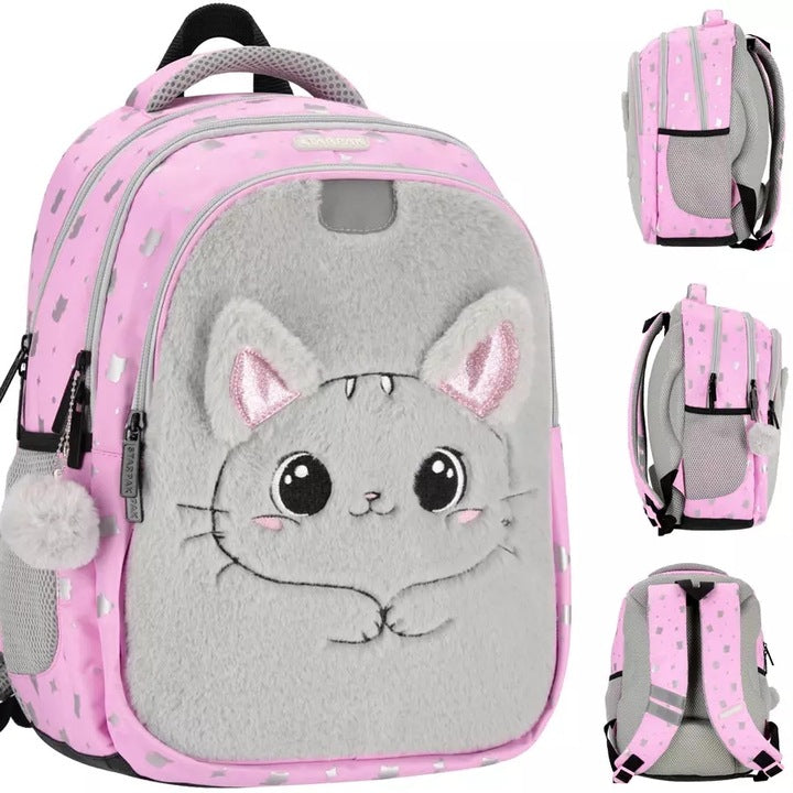 Mokyklos kuprinė-tornisteris, mergaitei, su pliušiniu katinėliu ir ausytėmis – pagrindinis vaizdas