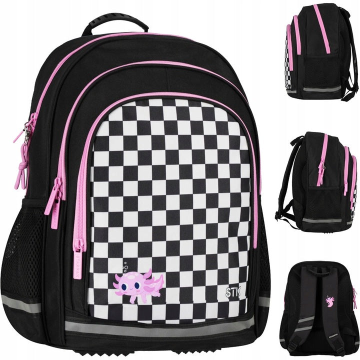 Mokyklos kuprinė-tornisteris, mergaitei, šachmatų raštas su aksolotlu – pagrindinis vaizdas