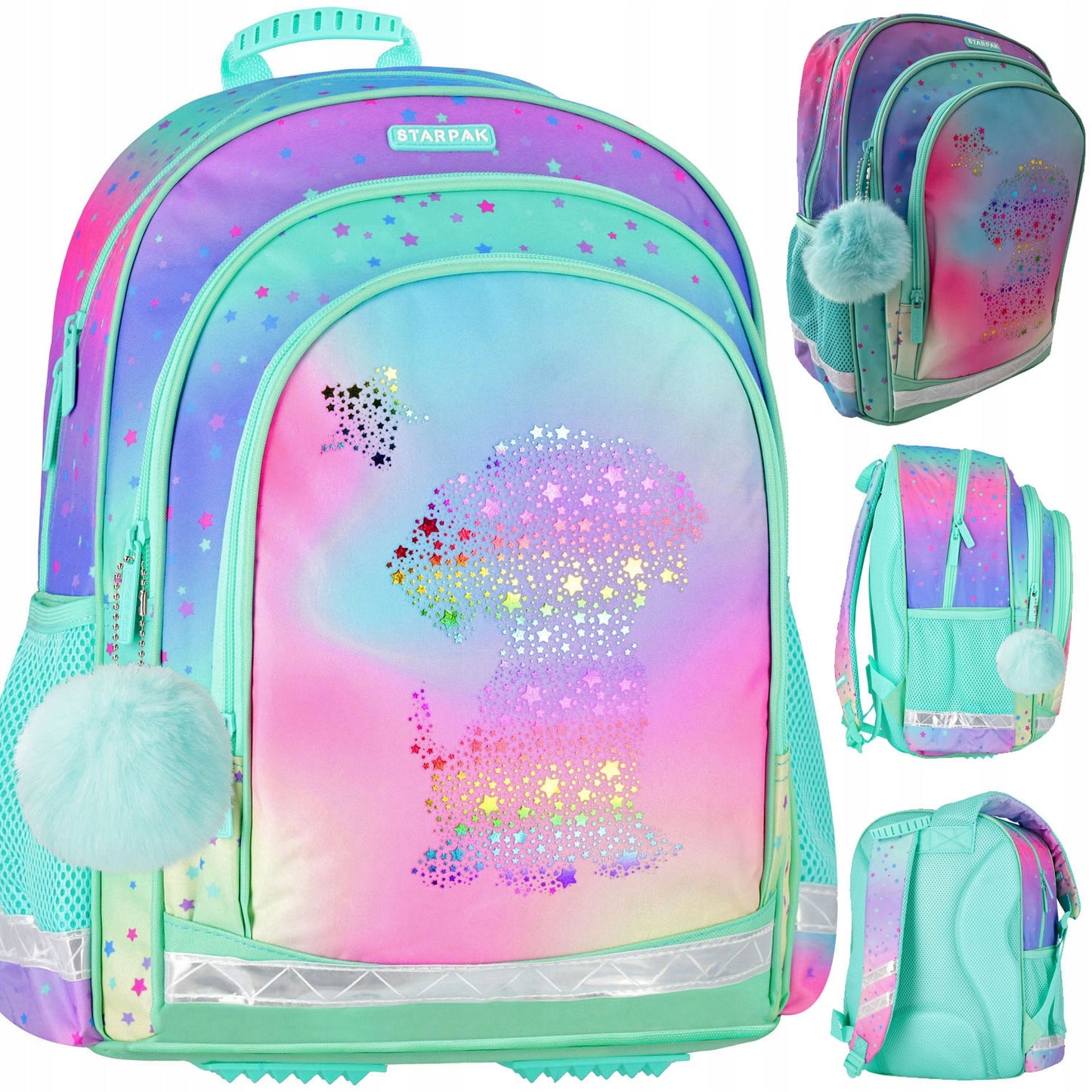 Mokyklinė kuprinė-portfelis su holografiniu ombre šuniuku – pagrindinis vaizdas