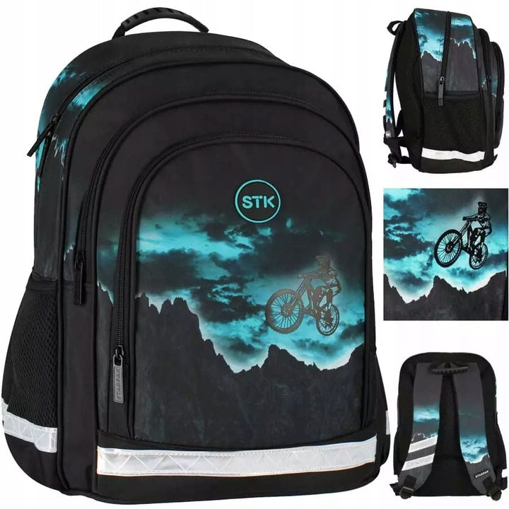 Mokyklinė kuprinė-portfelis berniukui, juoda su 3D dviračiu – pagrindinis vaizdas