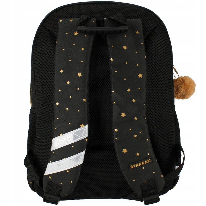 Mokyklinė kuprinė-portfelis mergaitei, juoda su auksiniu katinu – vaizdas 2