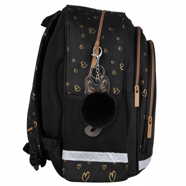 Mokyklinė kuprinė-portfelis mergaitei, juoda su auksiniu katinu – vaizdas 2