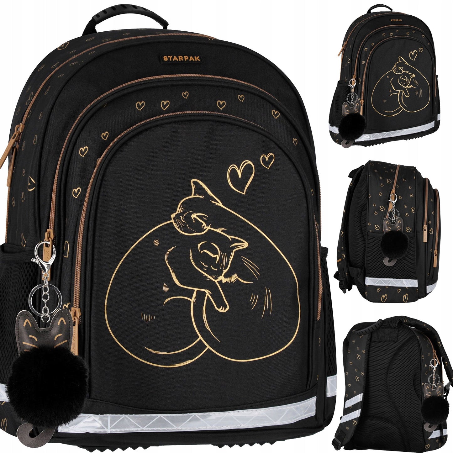 Mokyklinė kuprinė-portfelis mergaitei, juoda su auksiniu katinu – pagrindinis vaizdas