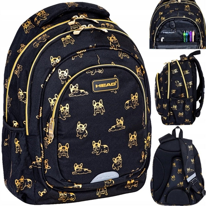 Mokyklinė kuprinė, juoda su auksiniu šuneliu, 1-3 klasei – pagrindinis vaizdas