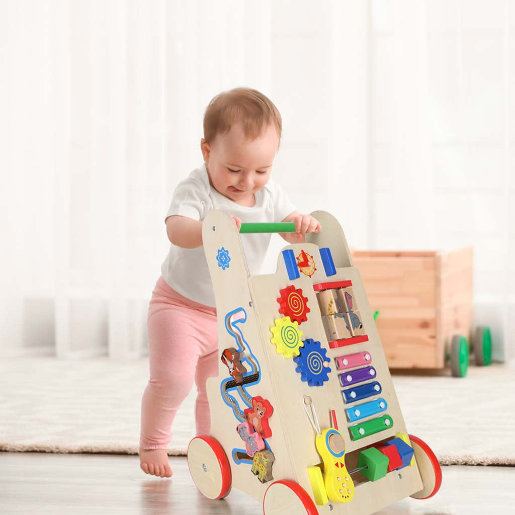 Medinis stumdukas-vaikštynė vaikams su edukaciniu kubu 6in1