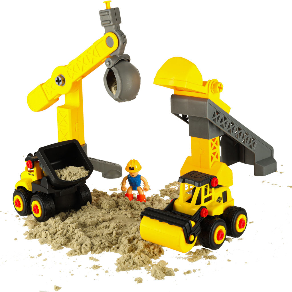 Kūrybinis smėlio rinkinys vaikams: 1100g kinetinio smėlio, pilies elementai, transporto priemonės, formelės ir figūrėlės