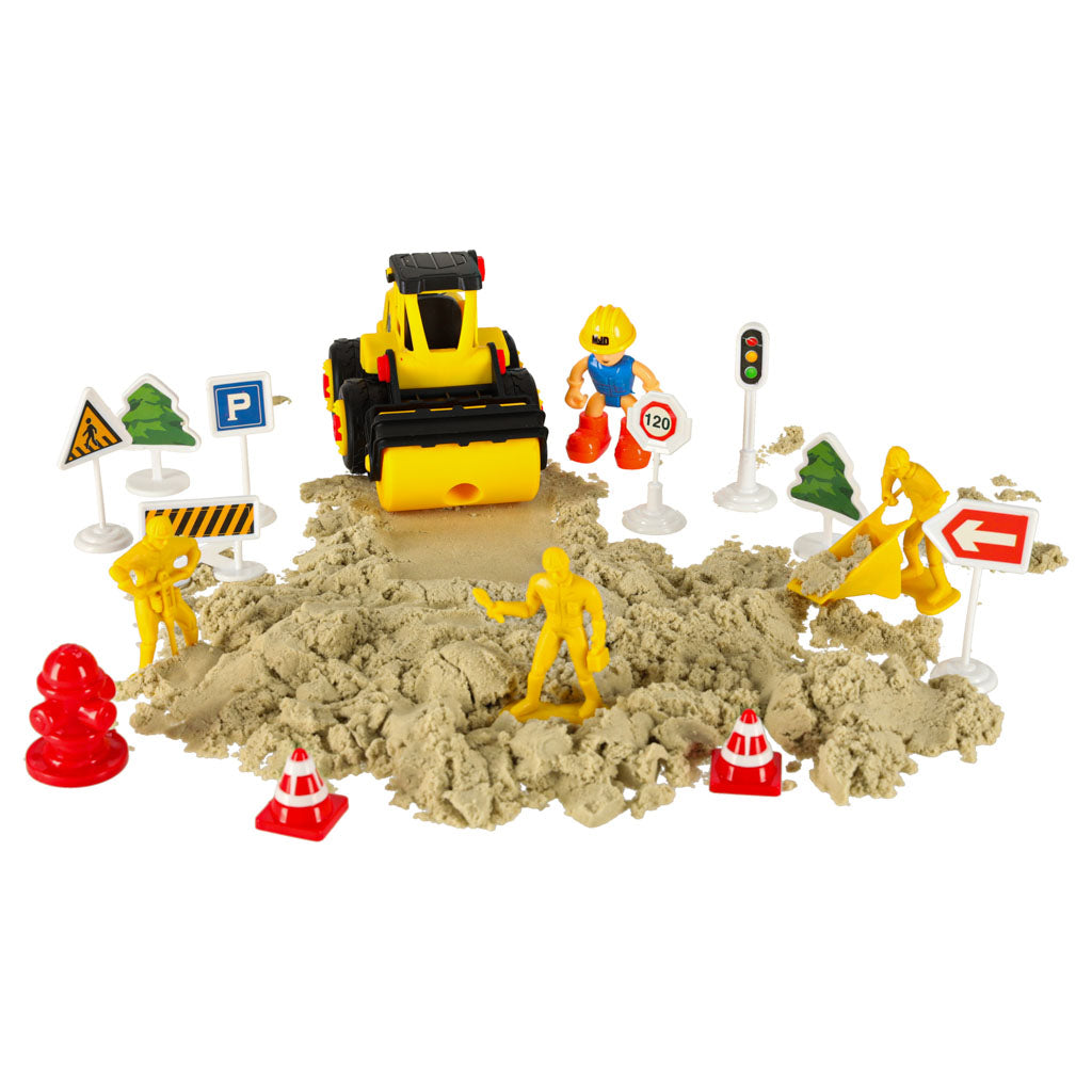 Kūrybinis smėlio rinkinys vaikams: 1100g kinetinio smėlio, pilies elementai, transporto priemonės, formelės ir figūrėlės