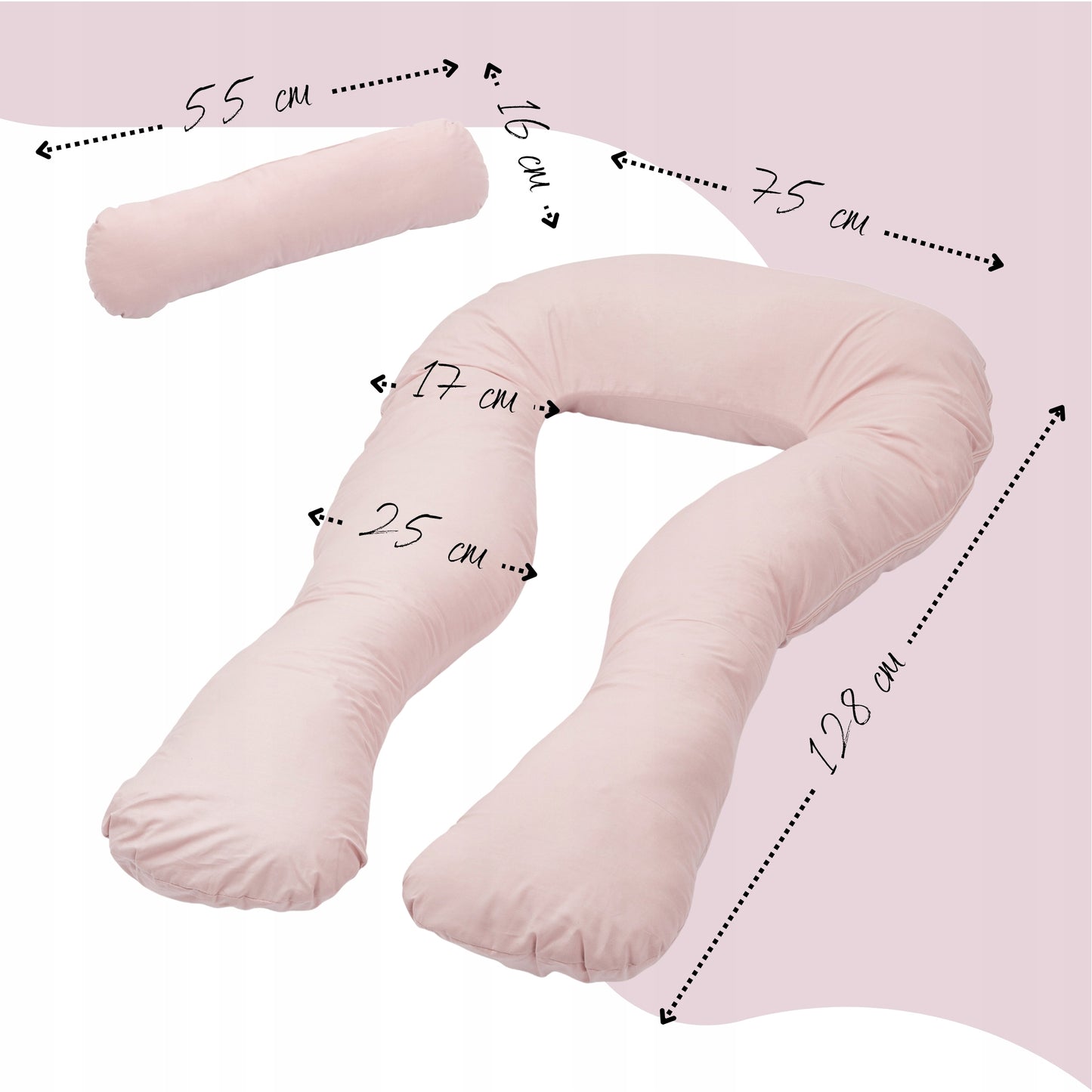 Rogal rožinė nėštumo pagalvė, U formos, išmatavimai (plotis 128 cm) – vaizdas 3