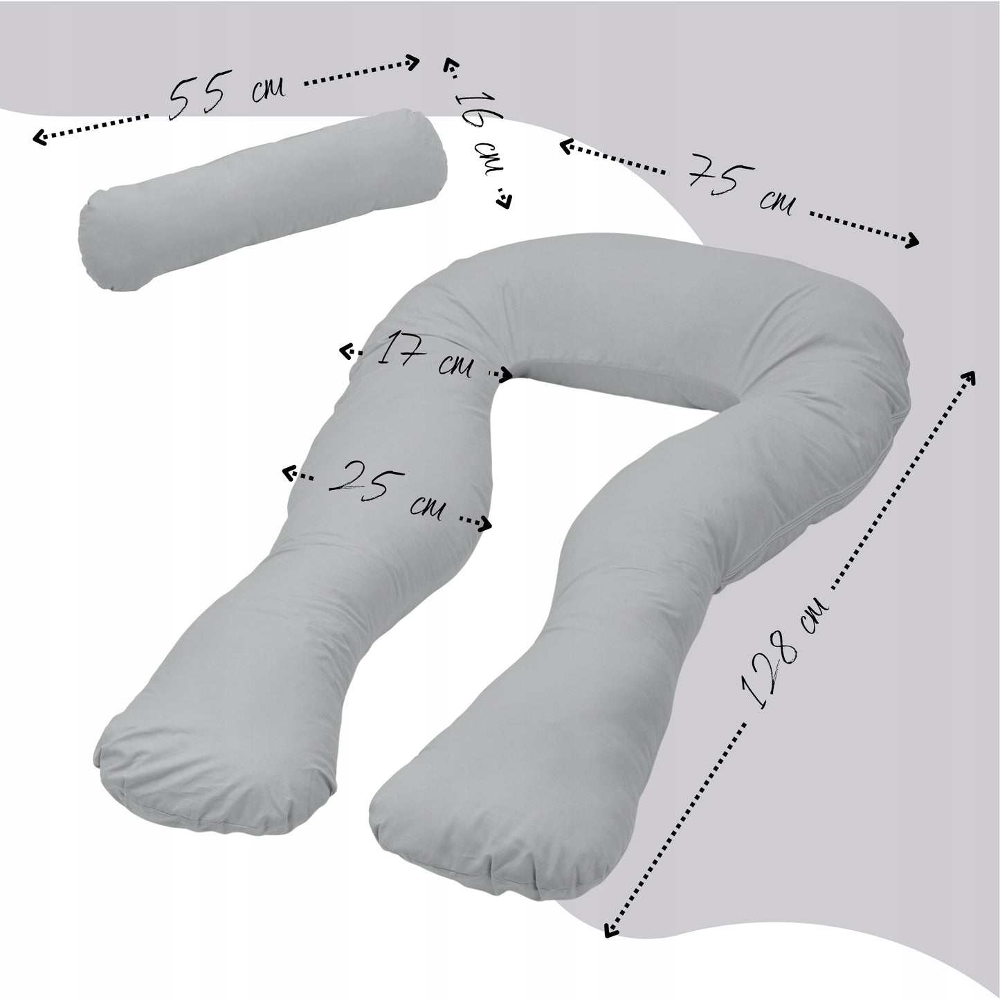 Rogal pilka nėštumo pagalvė, U formos, išmatavimai (plotis 128 cm) – vaizdas 3