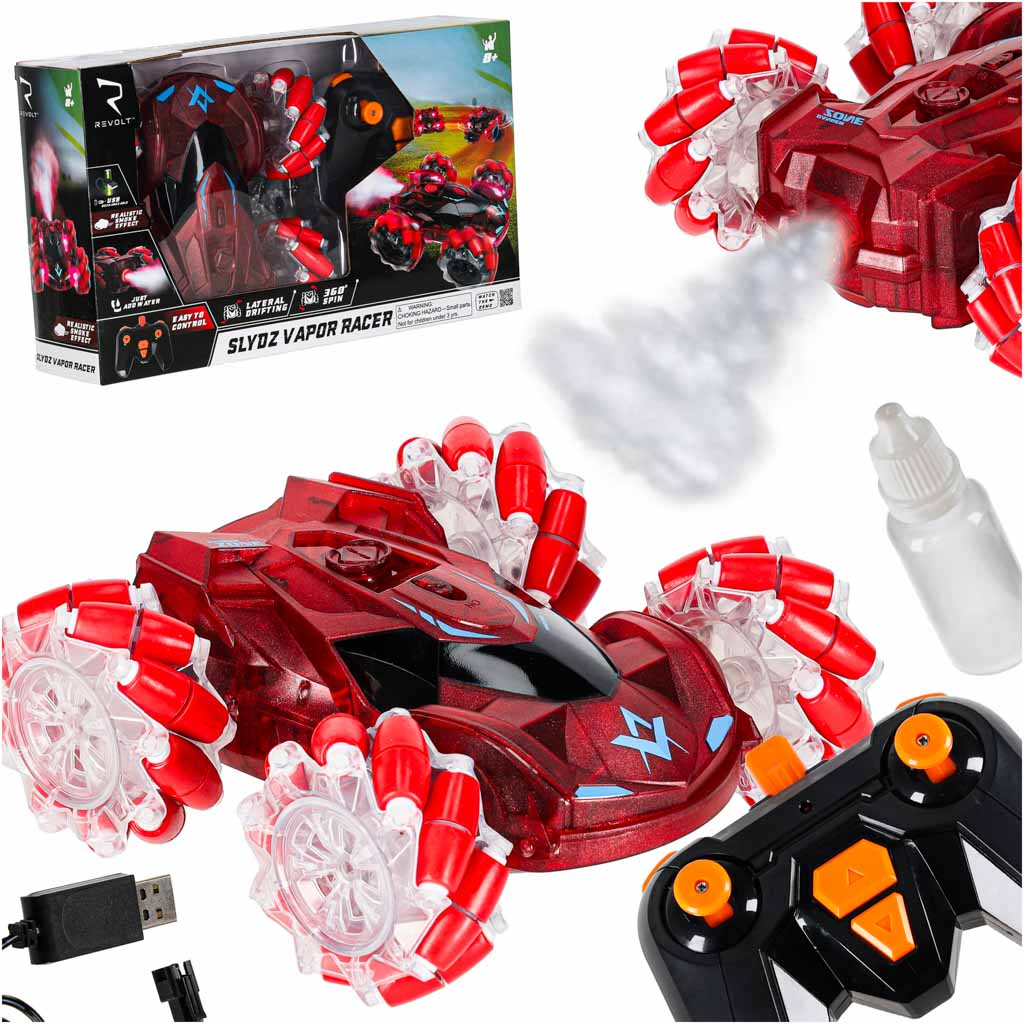 REVOLT Slydz Vapor Racer 360 nuotoliniu būdu valdomas drift visureigis su dūmų efektais, raudonas
