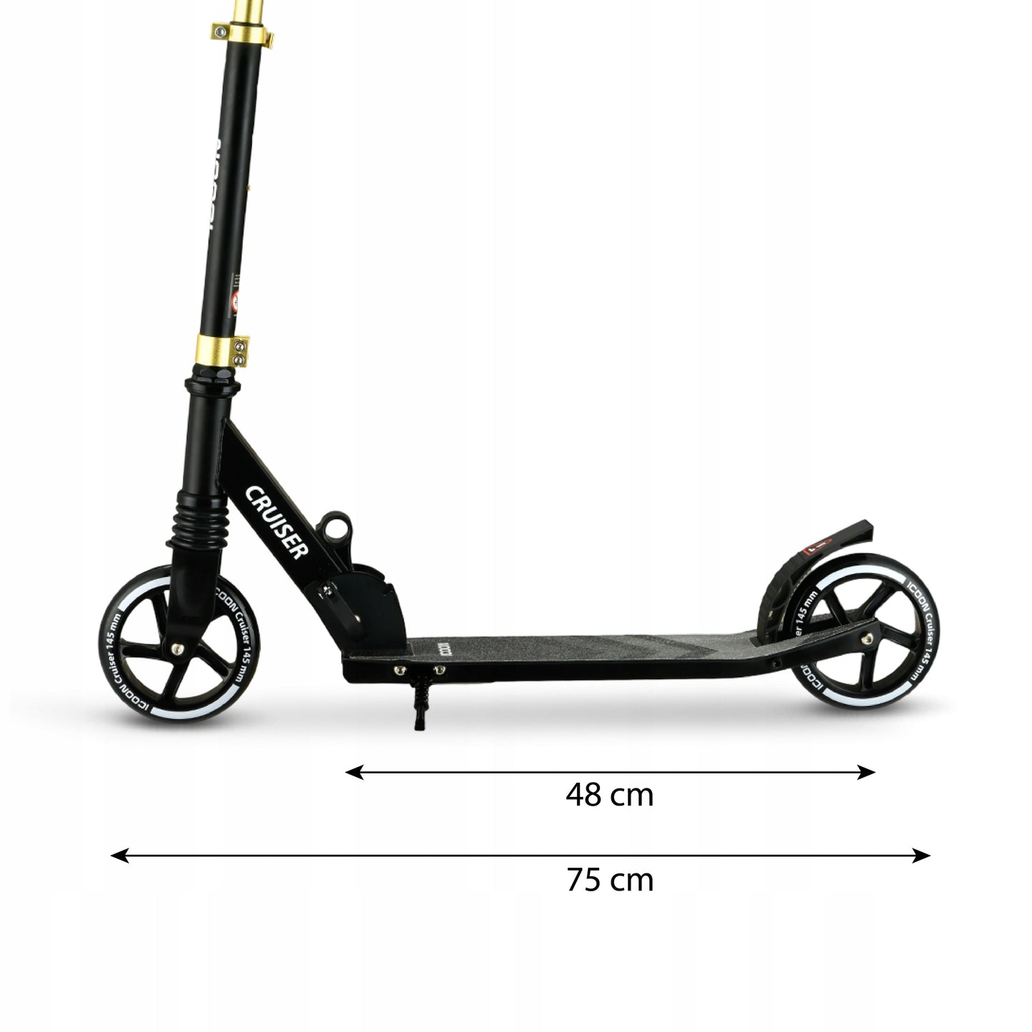 Juodas Paspirtukas Icoon Cruiser, sulankstomas, su amortizatoriumi, reguliuojamas, iki 50 kg