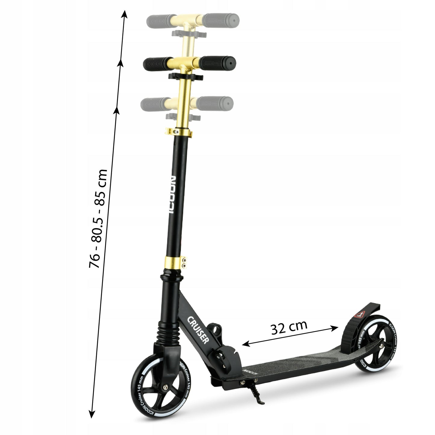 Juodas Paspirtukas Icoon Cruiser, sulankstomas, su amortizatoriumi, reguliuojamas, iki 50 kg