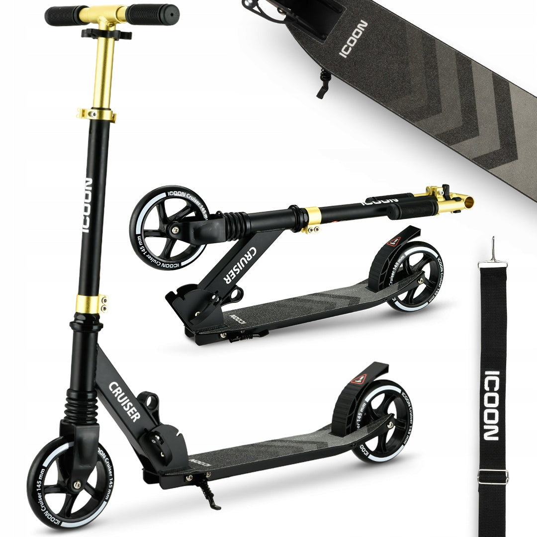 Juodas Paspirtukas Icoon Cruiser, sulankstomas, su amortizatoriumi, reguliuojamas, iki 50 kg