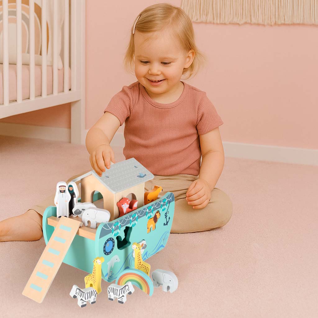 Lulilo medinis formų rūšiuoklis „Nojaus arka“ su gyvūnais, 9 elementai