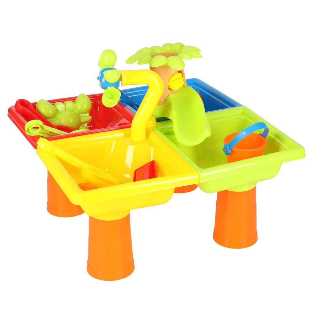 Vandens ir smėlio stalas 2in1 su smėlio takeliu, priedais ir kėdute
