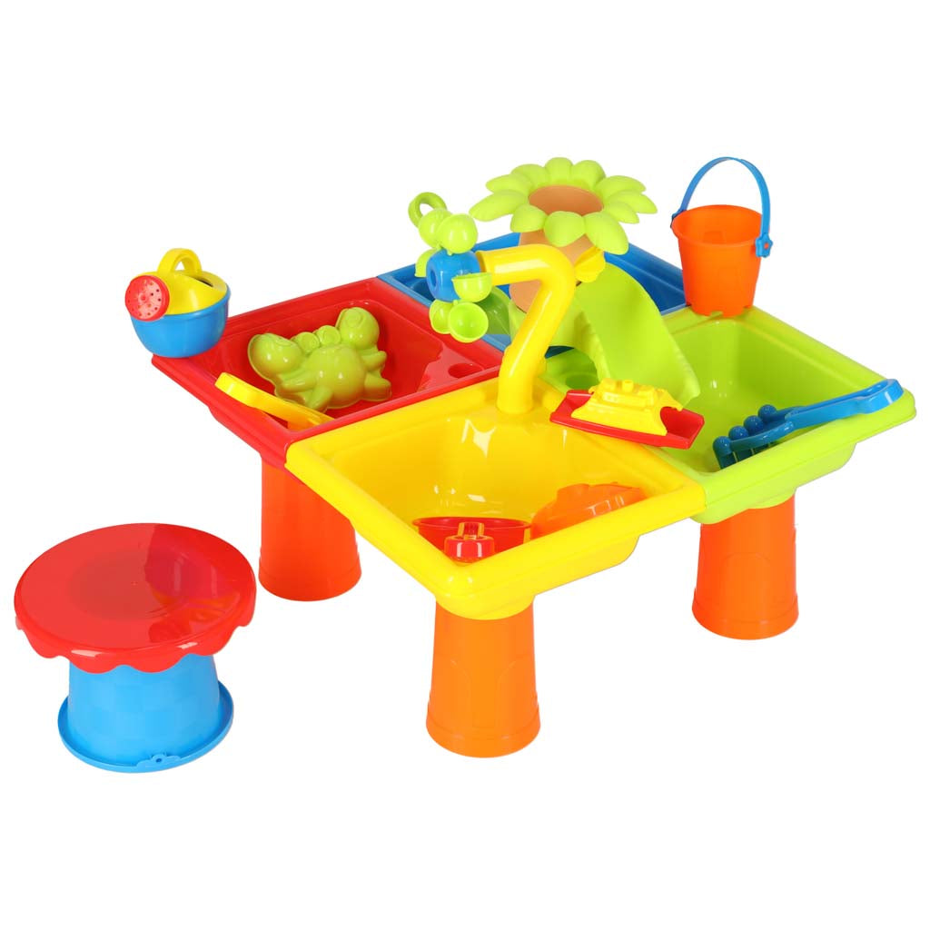 Vandens ir smėlio stalas 2in1 su smėlio takeliu, priedais ir kėdute