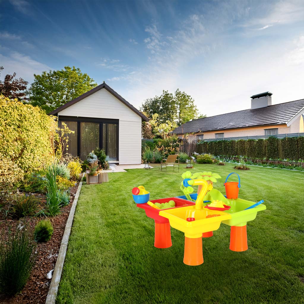 Vandens ir smėlio stalas 2in1 su smėlio takeliu, priedais ir kėdute