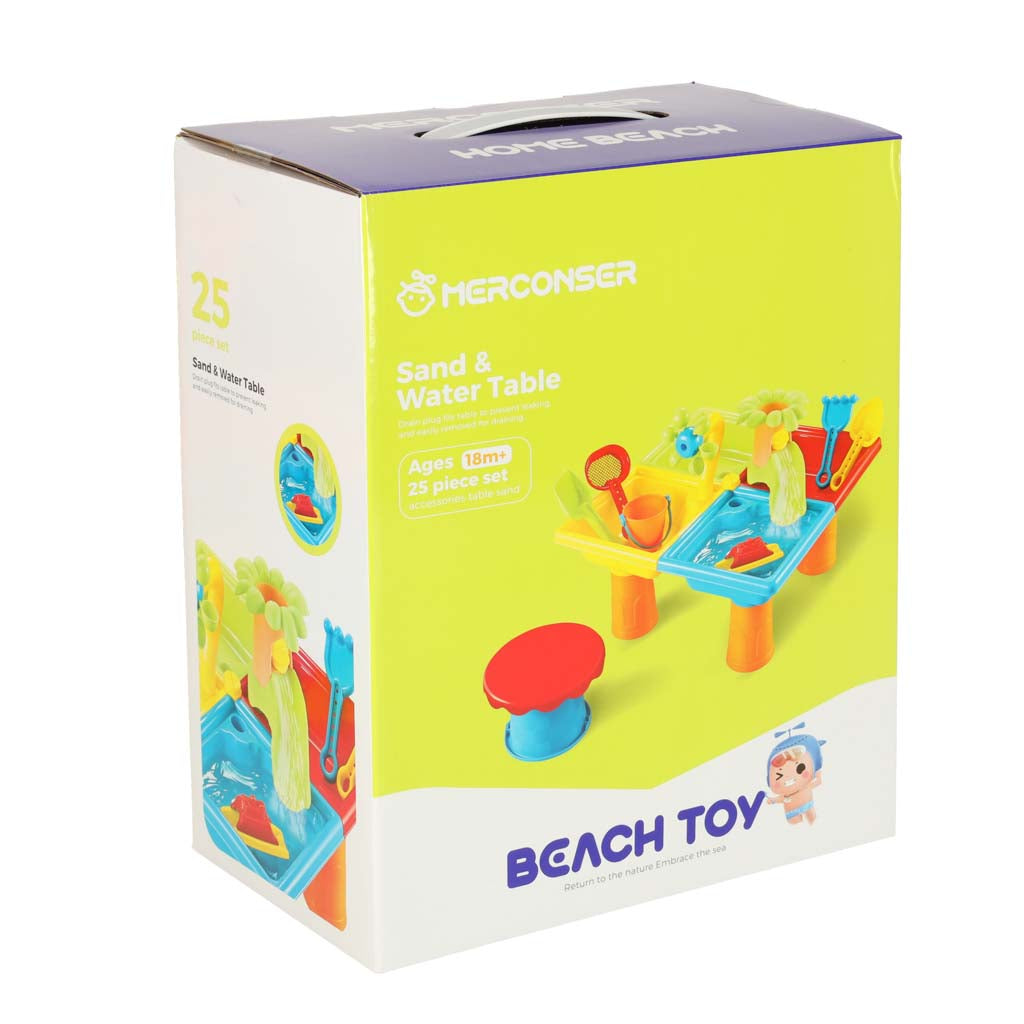 Vandens ir smėlio stalas 2in1 su smėlio takeliu, priedais ir kėdute