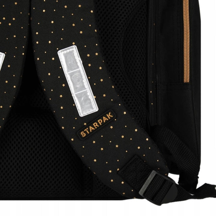 Mokyklinė kuprinė, katinėlis, juodos spalvos su geltonais ir auksiniais elementais – vaizdas 2