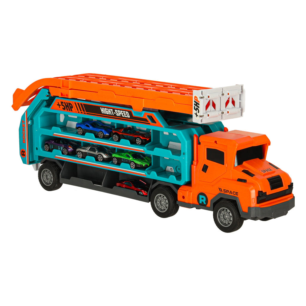 Oranžinis autovežis-trasa su nusileidimo taku automobiliams, 6 dalių rinkinys