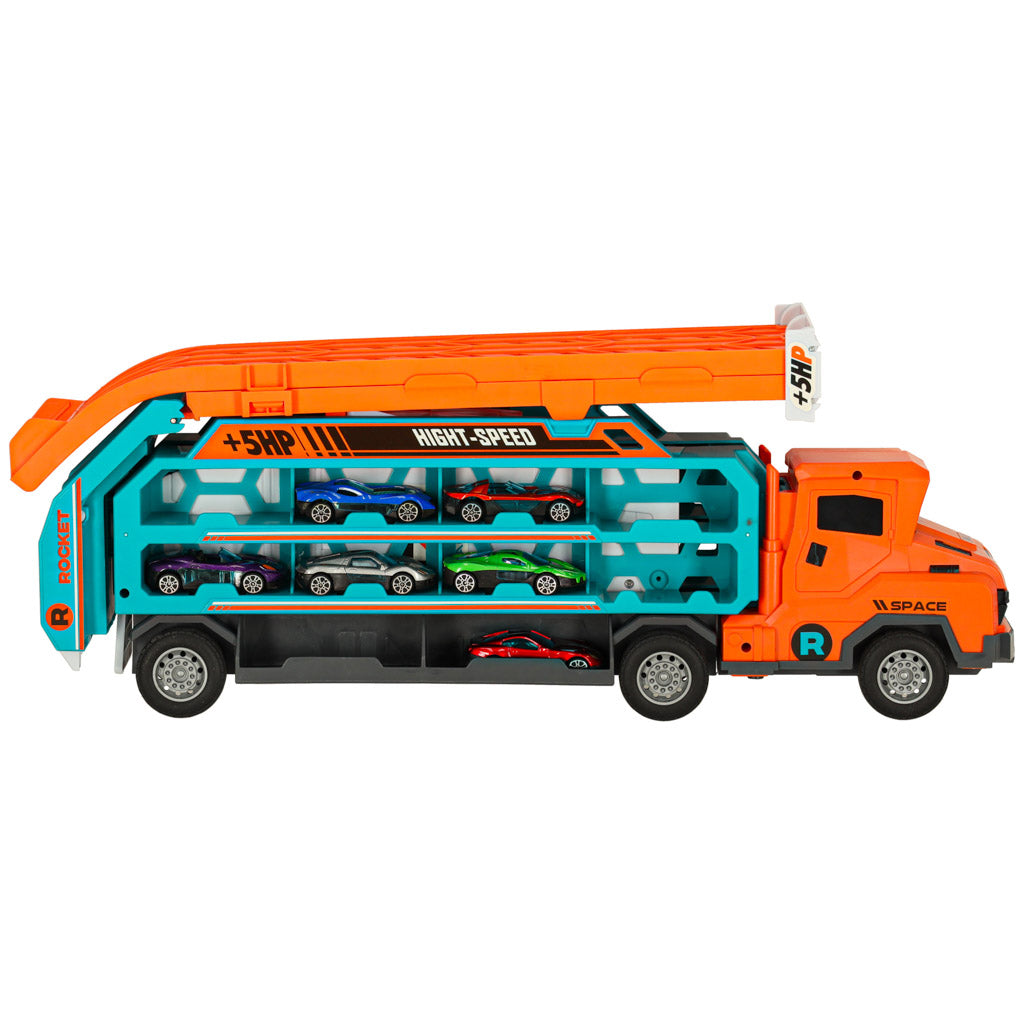 Oranžinis autovežis-trasa su nusileidimo taku automobiliams, 6 dalių rinkinys