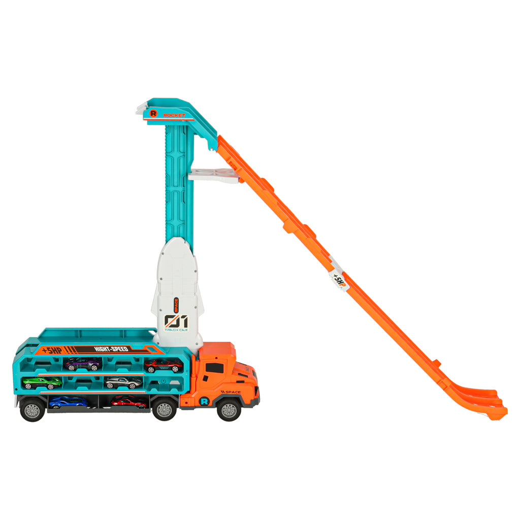 Oranžinis autovežis-trasa su nusileidimo taku automobiliams, 6 dalių rinkinys