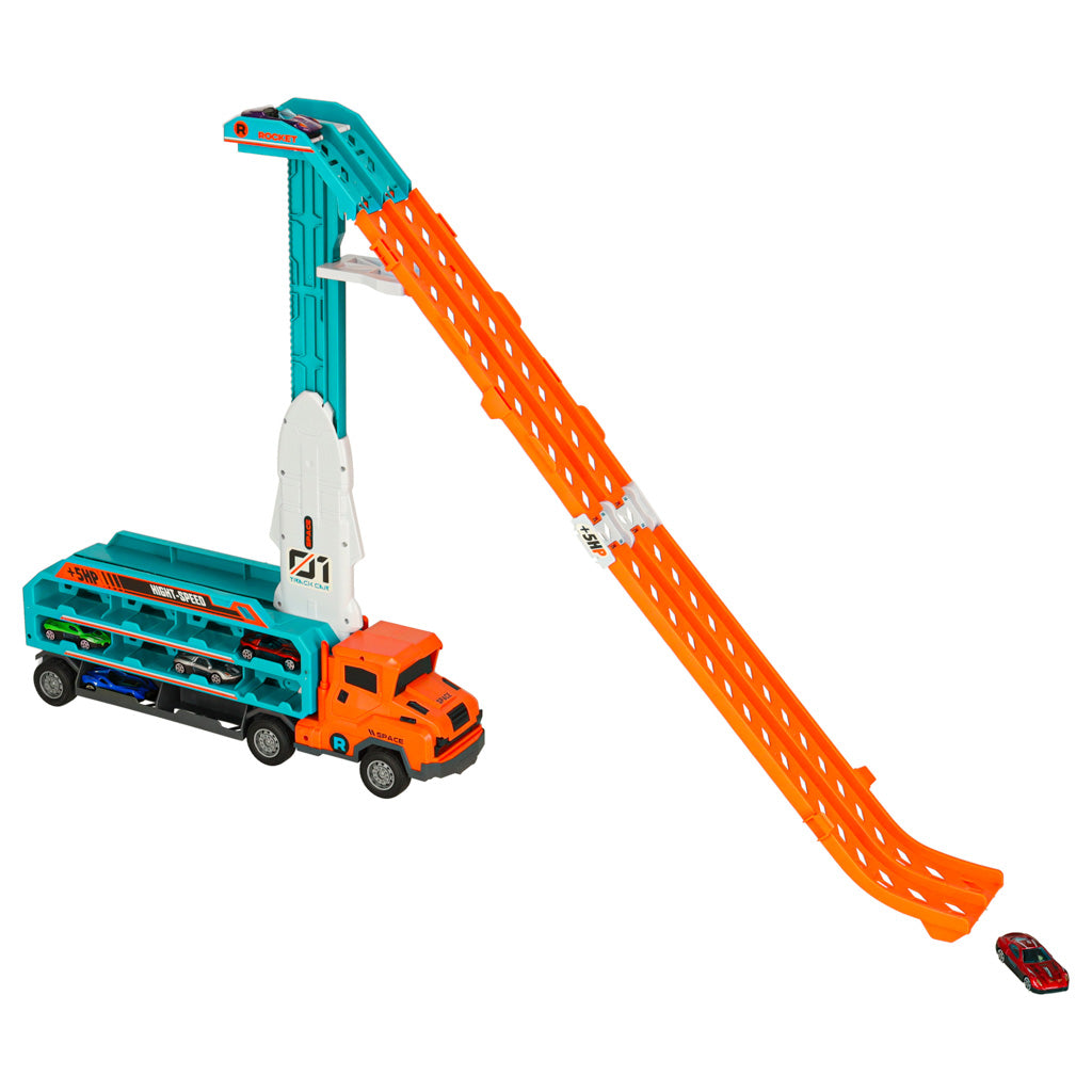 Oranžinis autovežis-trasa su nusileidimo taku automobiliams, 6 dalių rinkinys