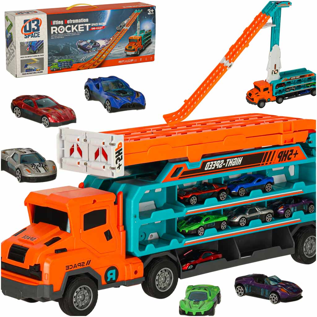 Oranžinis autovežis-trasa su nusileidimo taku automobiliams, 6 dalių rinkinys