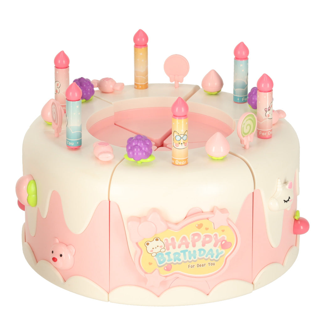 Dviaukštis gimtadienio tortas pjaustomas su lipukais, su muzika ir šviesomis, rožinis – vaizdas 3