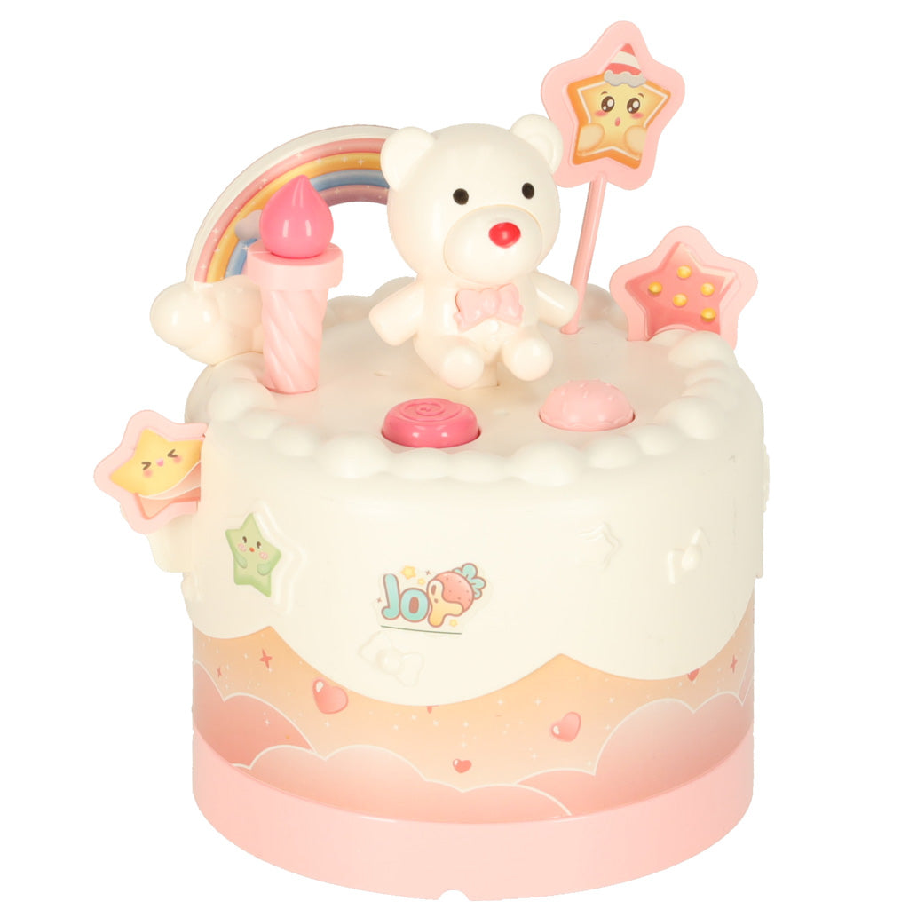 Dviaukštis gimtadienio tortas pjaustomas su lipukais, su muzika ir šviesomis, rožinis – vaizdas 4