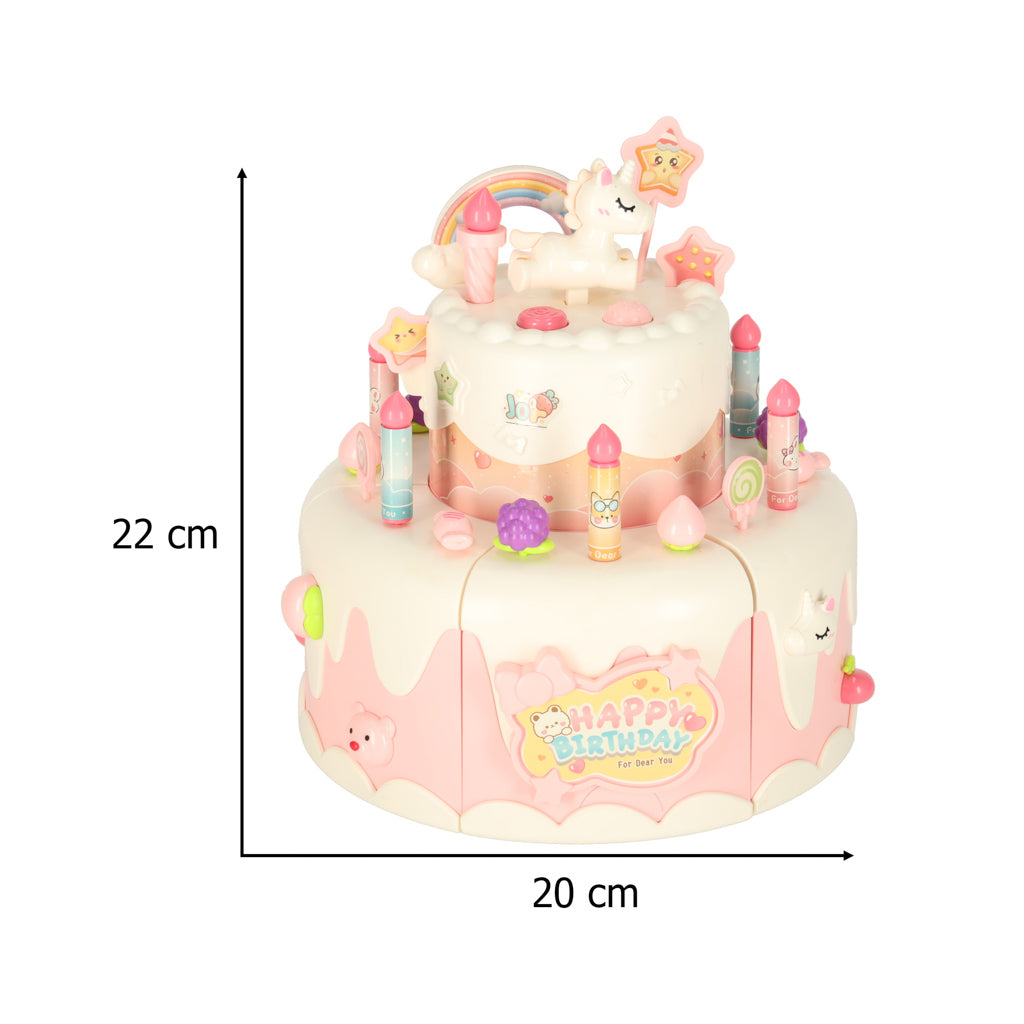Dviaukštis gimtadienio tortas pjaustomas su lipukais, su muzika ir šviesomis, 16 dalių, rožinis