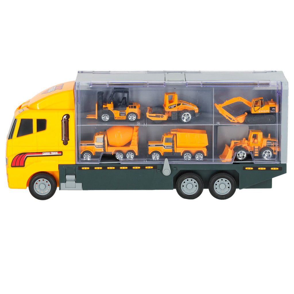 TIR sunkvežimis transporteris su paleidimo funkcija ir metaliniais statybiniais automobiliais
