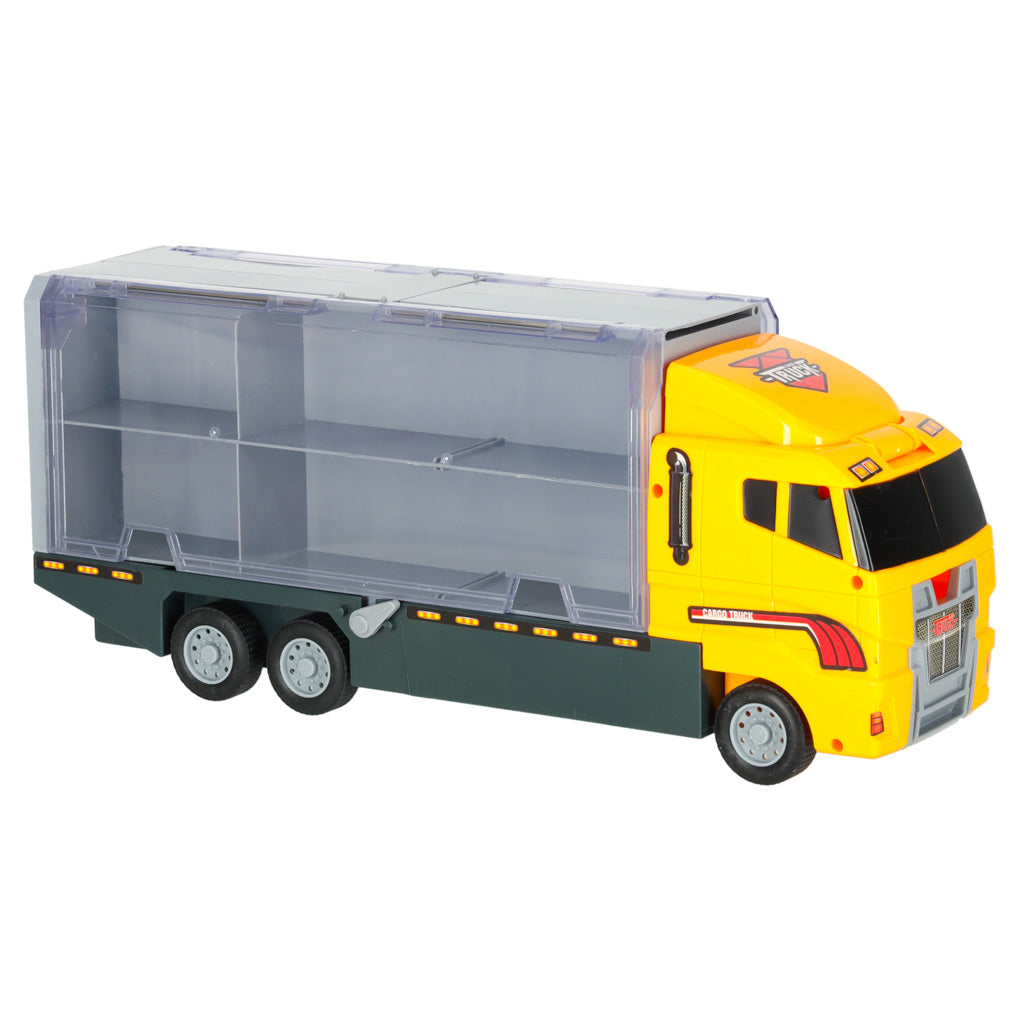 TIR sunkvežimis transporteris su paleidimo funkcija ir metaliniais statybiniais automobiliais