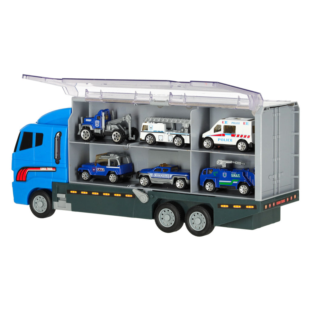 TIR sunkvežimis-transporteris su paleidimo įrenginiu ir metaliniais policijos automobiliais