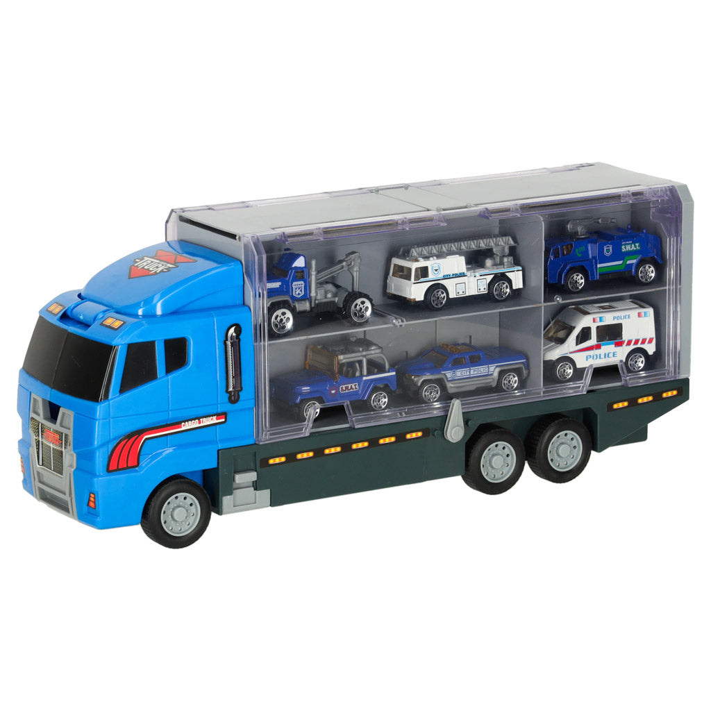 TIR sunkvežimis-transporteris su paleidimo įrenginiu ir metaliniais policijos automobiliais
